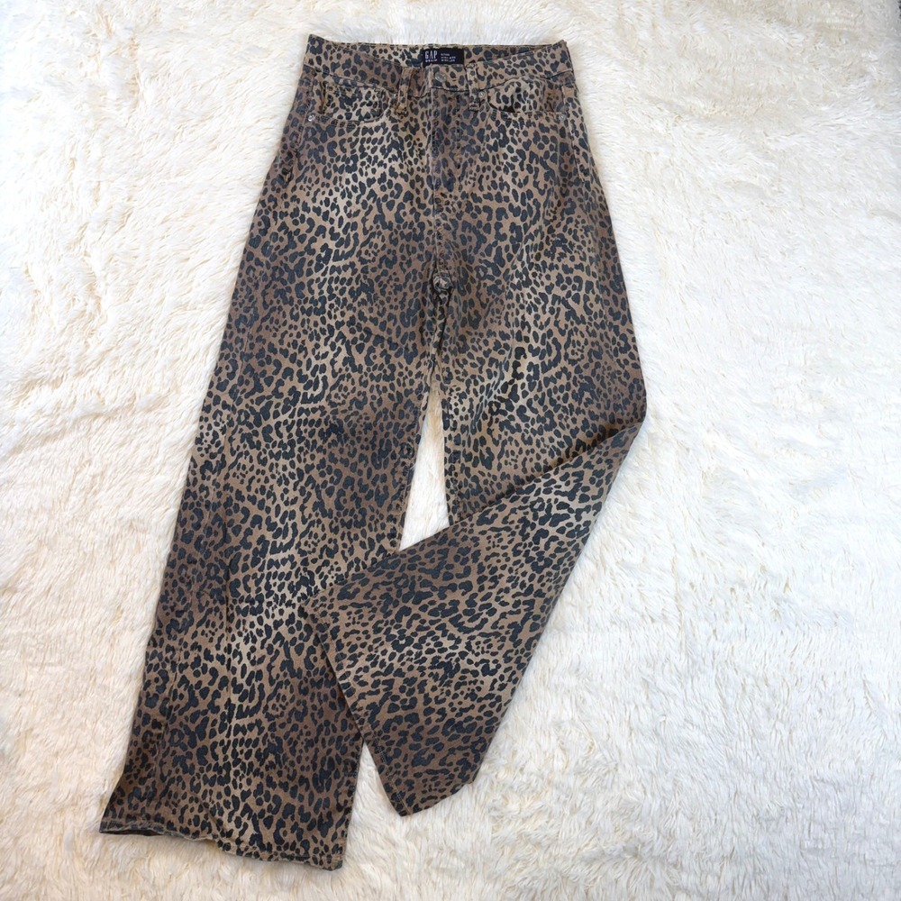 GAP Wide Leg Jeans Womens 6/28 Brown Leopard Print High Rise Denim Animal Safari